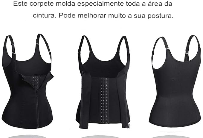 Cinta colete aberta, de costas e de lado, mostrando zíper, colchetes e alças