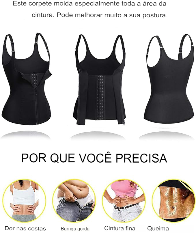 Cinta colete aberta, de costas e de lado, mostrando zíper, colchetes e alças